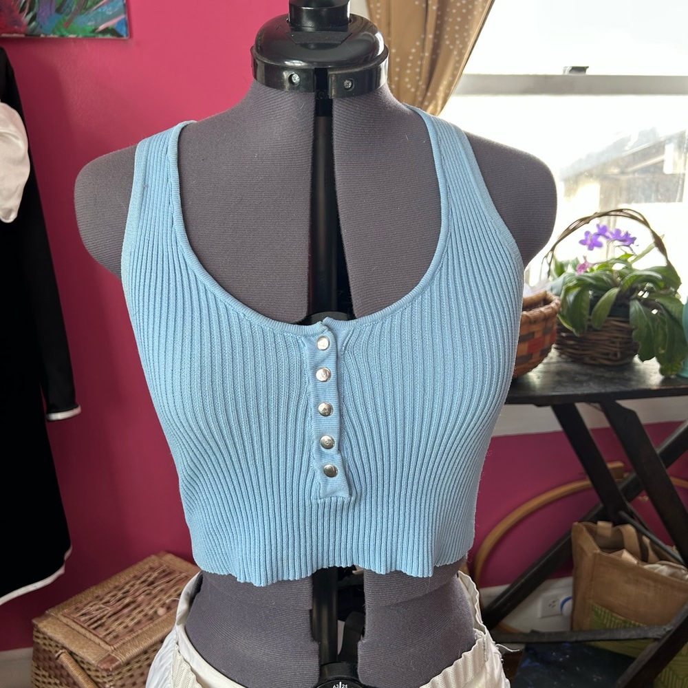 Roma Light Blue Ribbed Crop Top